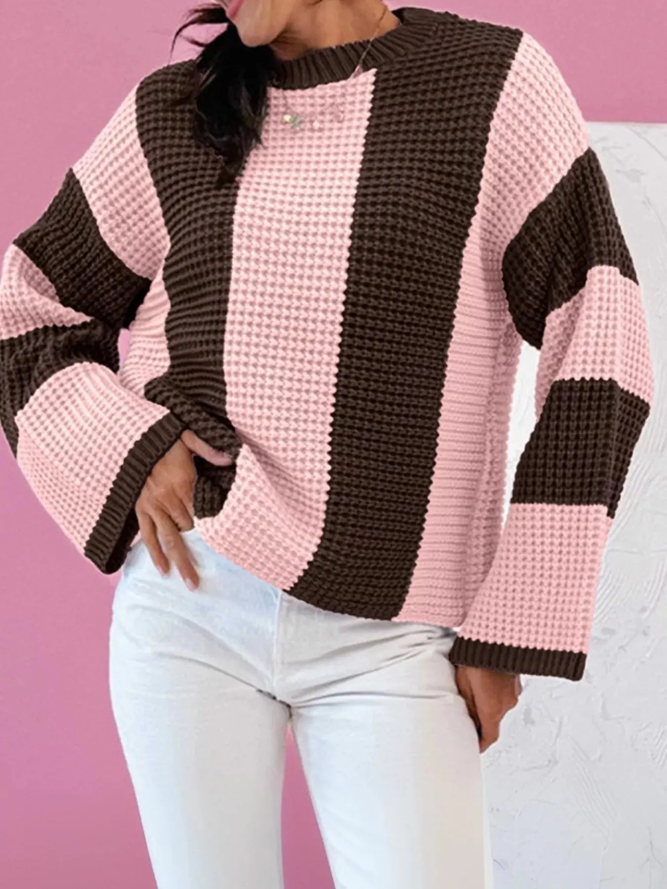 Striped Color Block Waffle Knit Sweater For Women Oversized Simply Love