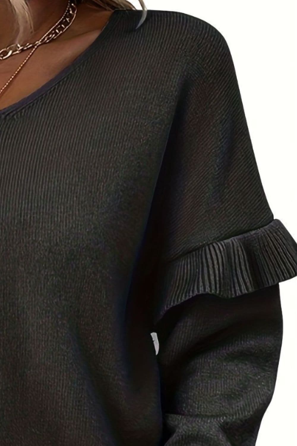 V-Neck Ruffle Trim Long Sleeve Sweater.