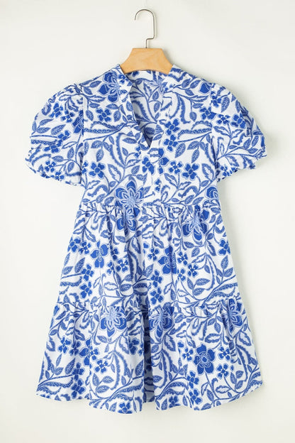 Printed Notched Puff Sleeve Dress.