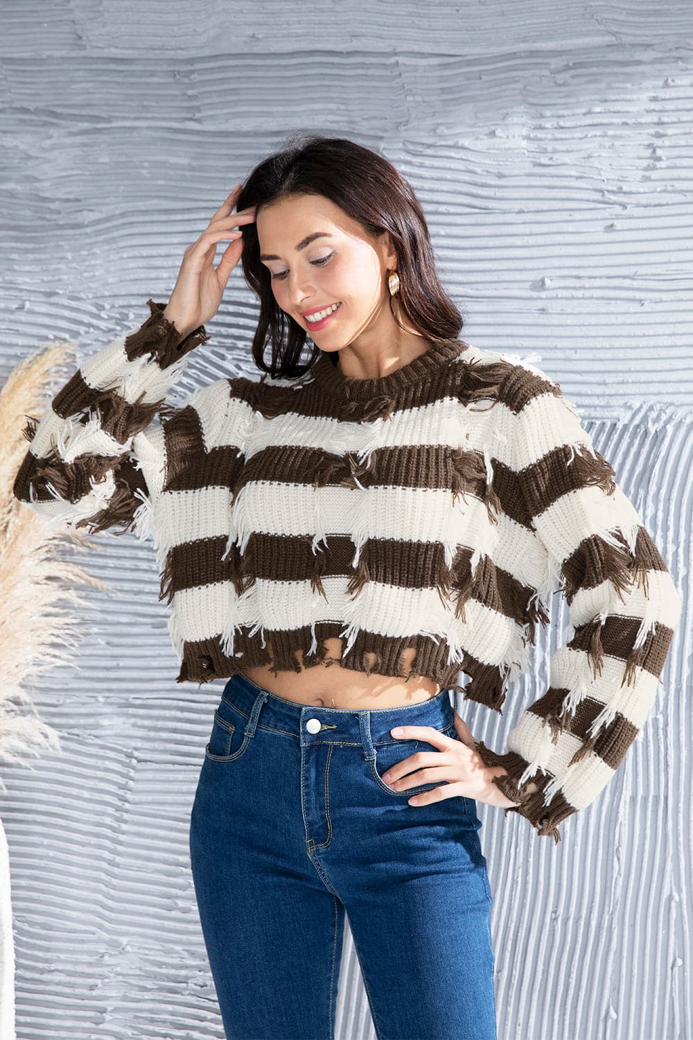 Striped Fringe Round Neck Sweater.