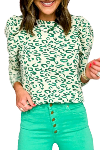 Chic blackish green leopard print puff sleeve top with mock neck design