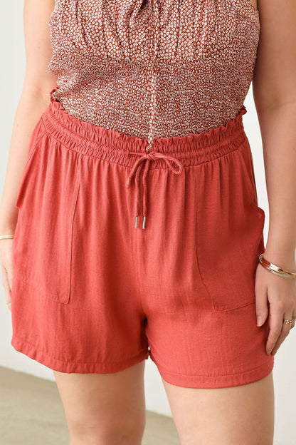 Zenobia Plus Size Drawstring Elastic Waist Shorts with Pockets.