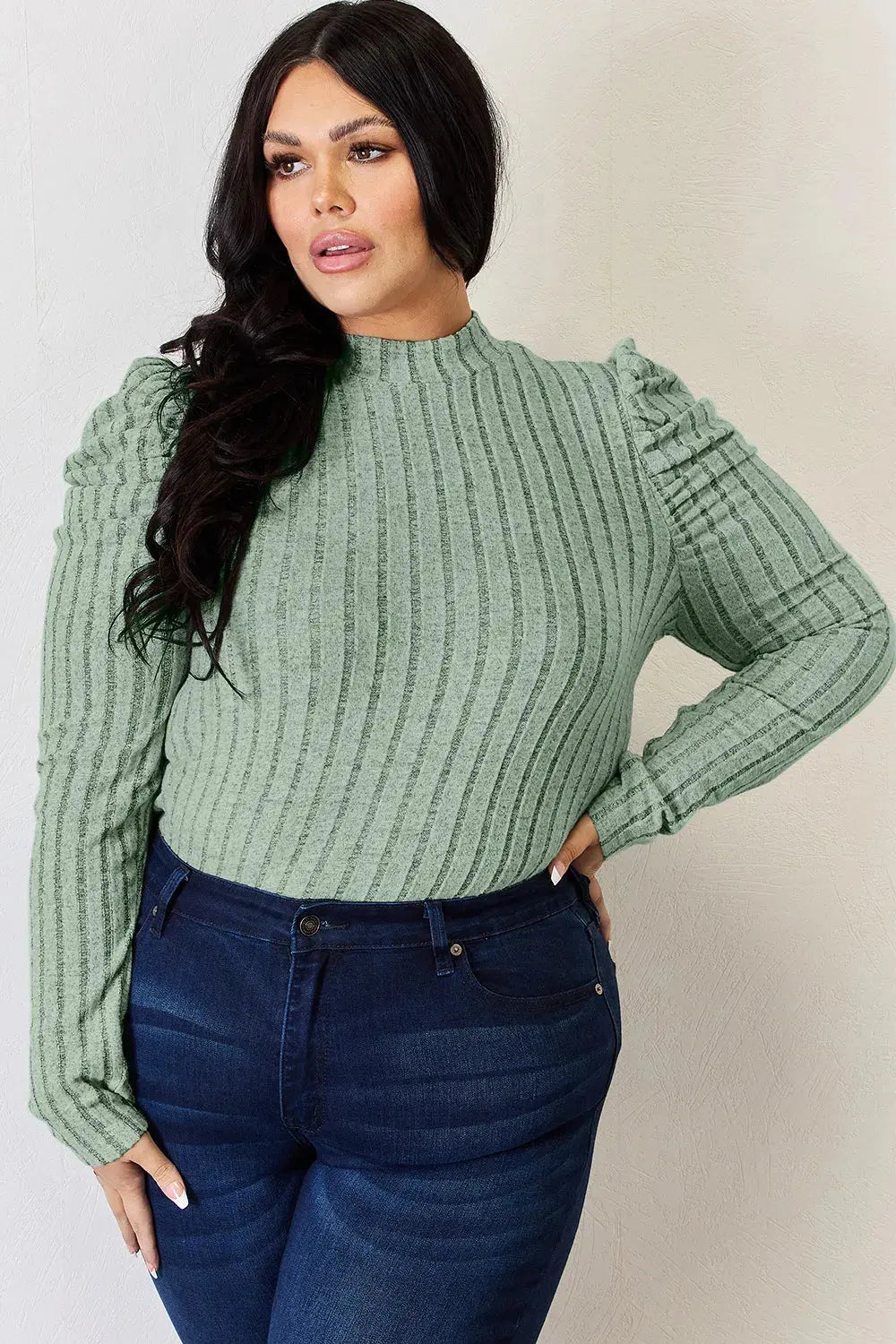 Basic Bae Full Size Ribbed Mock Neck Puff Sleeve T-Shirt - Love Salve