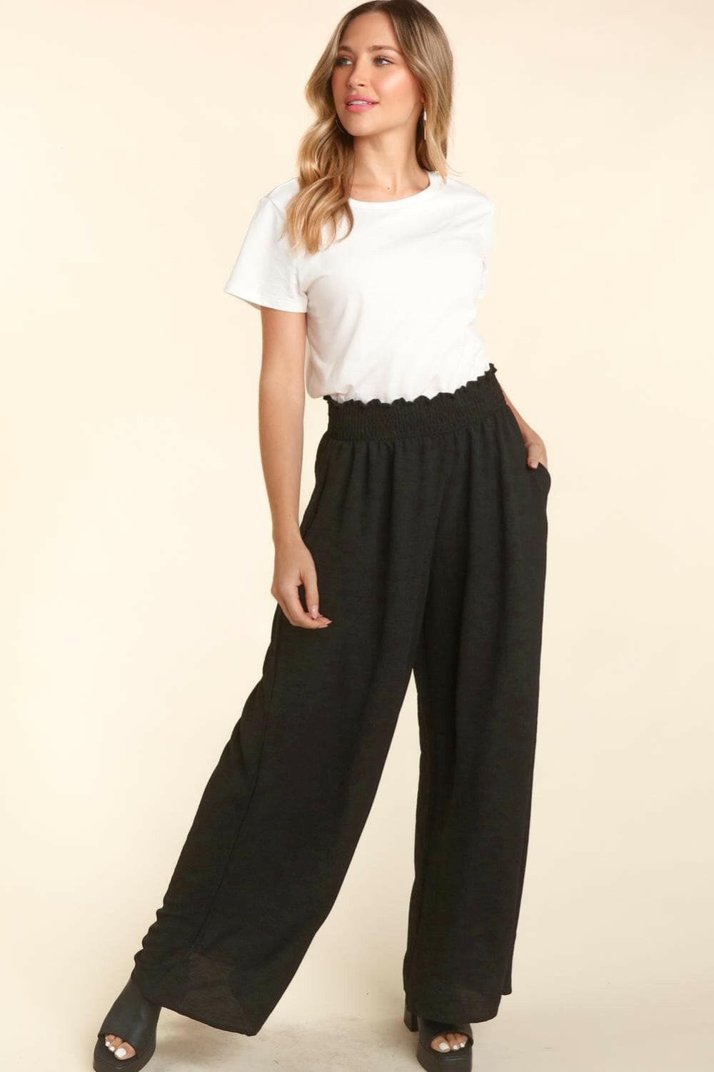 Haptics Elastic Waist Wide Leg Pants with Pockets.