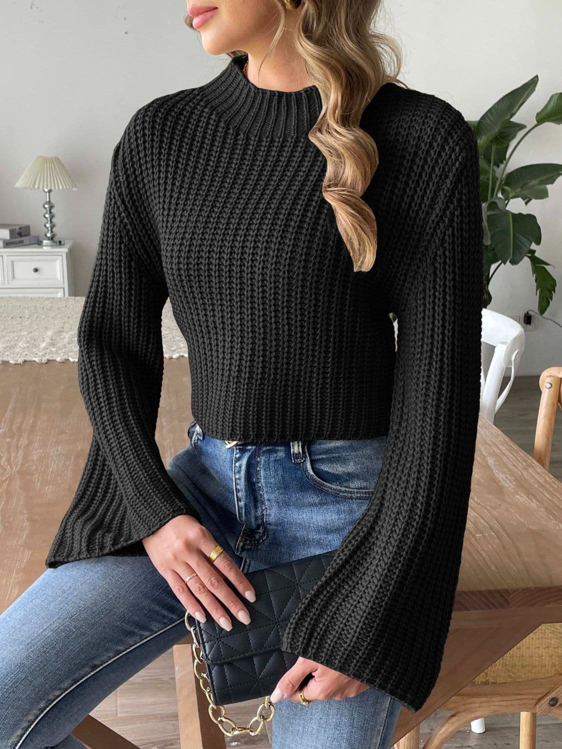 Cozy mock neck long sleeve knit sweater