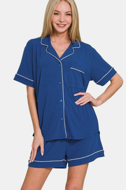 Relaxed Chic Button-Up Short Sleeve Lounge Set with Shorts