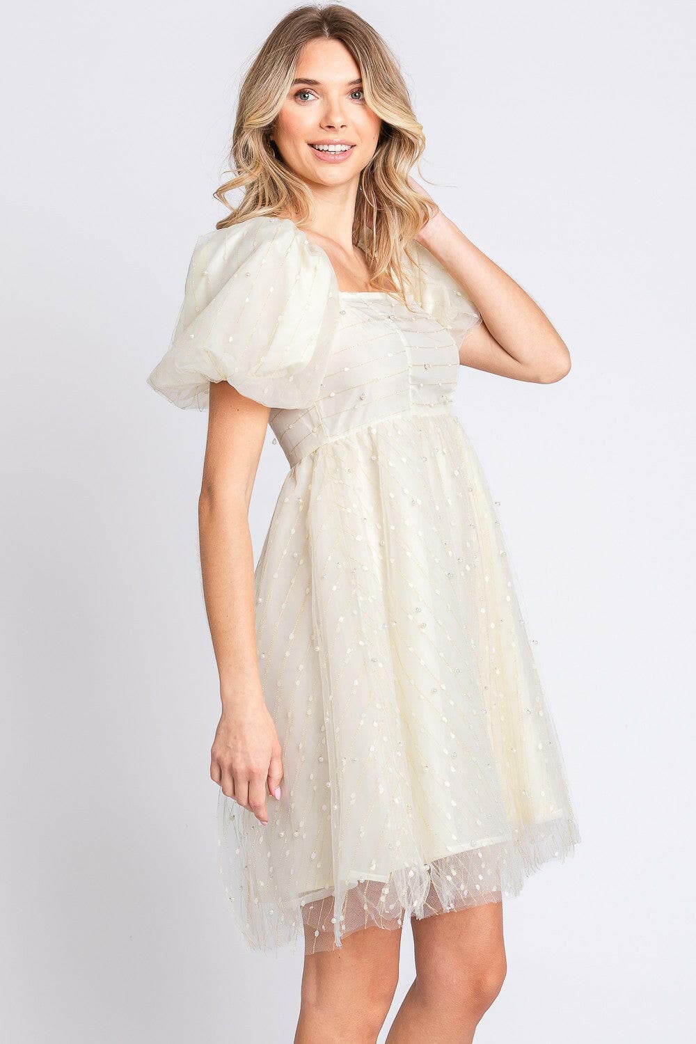 Enchanting Pearl Mesh Puff Sleeve Babydoll Dress by GeeGee.