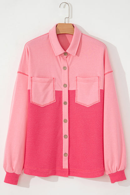 Peach Blossom Contrast Waffle Knit Button-Up Shacket with Pockets