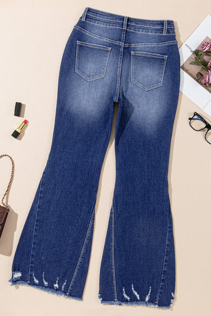 Sail blue high waist dual button distressed flared jeans with raw hem