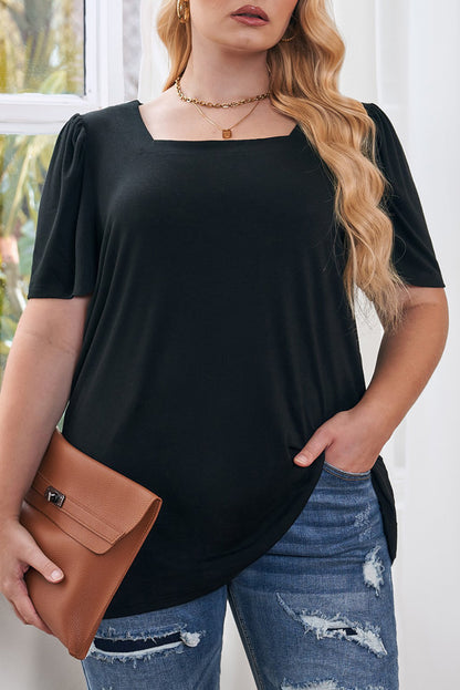 Chic black plus size square neck top with ruched sleeves