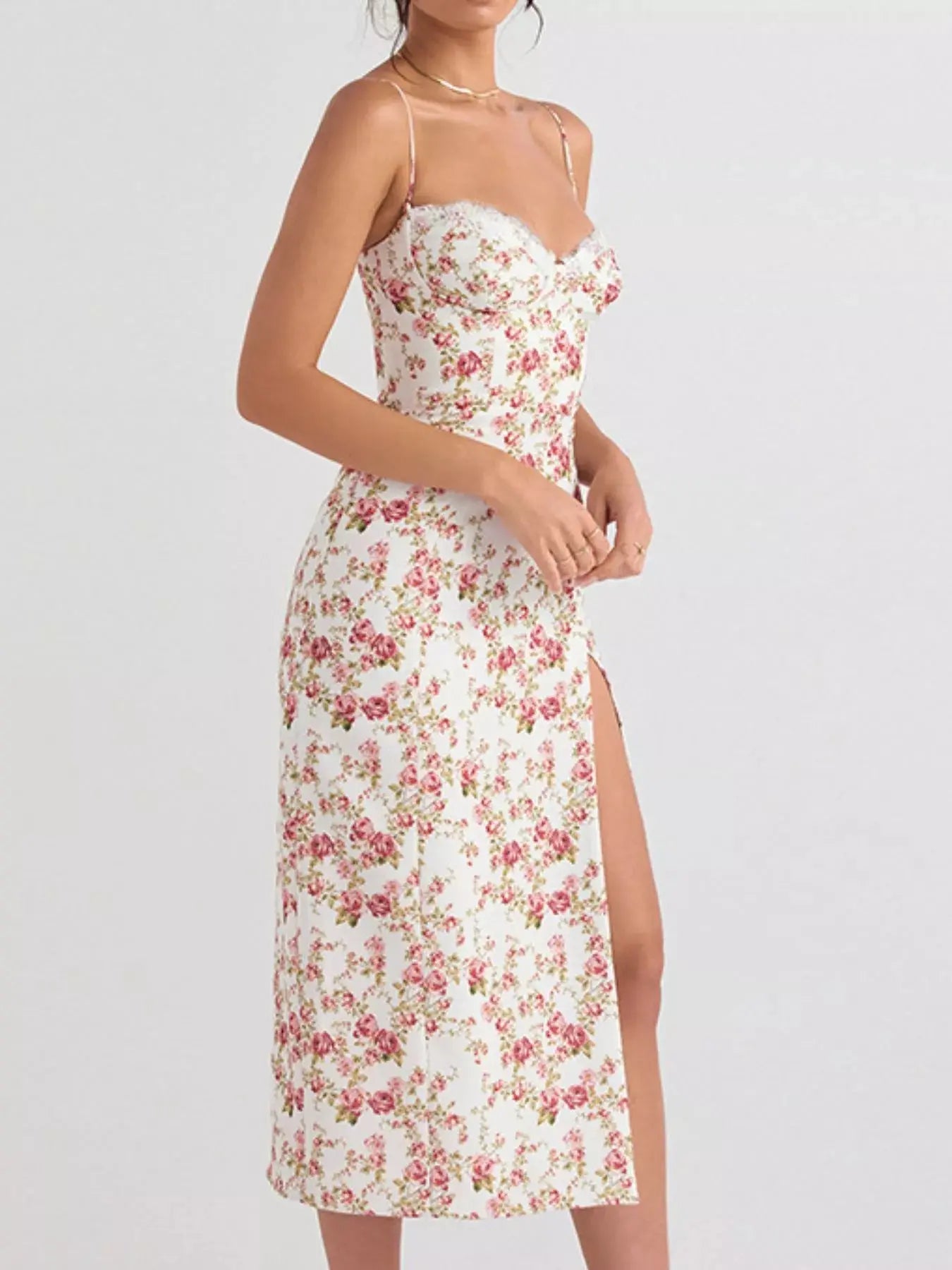 Floral Print Lace Trim Slit Midi Dress Simply Love