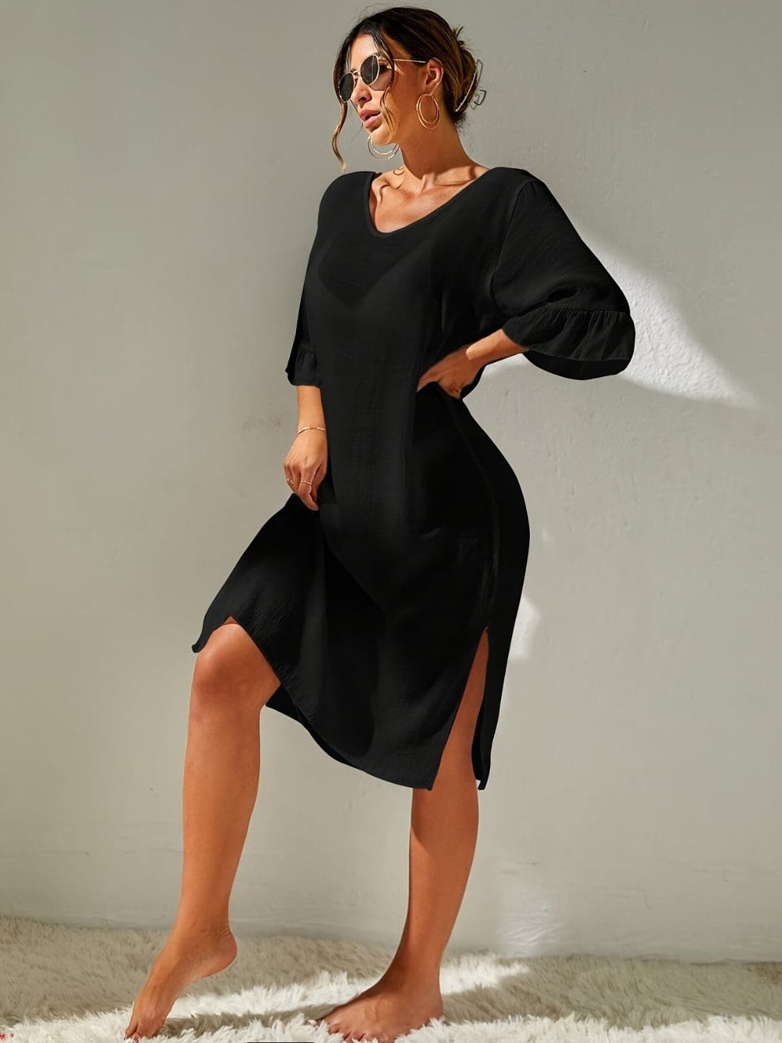 Slit V-Neck Flounce Sleeve Cover-Up.