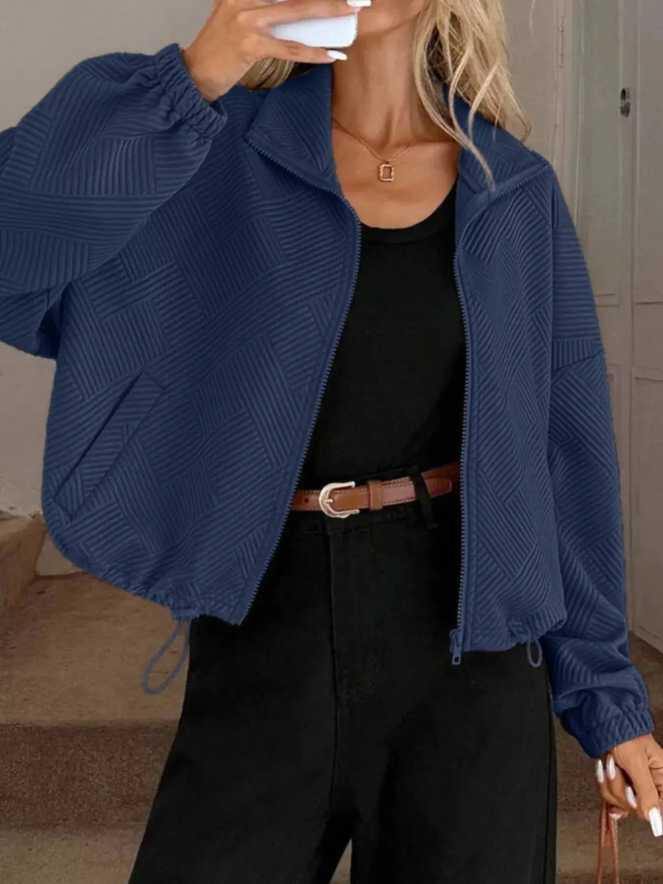 Textured Zip-Up Drawstring Hem Jacket Simply Love