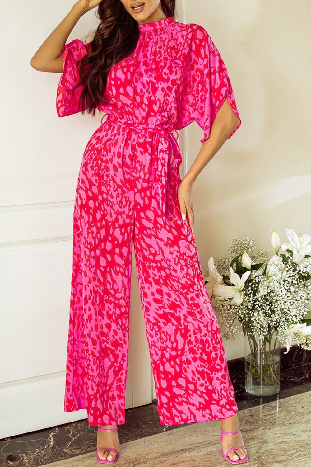 Printed Mock Neck Kimono Sleeve Jumpsuit.