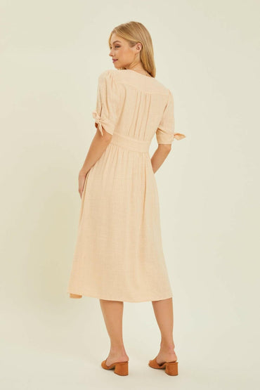 HEYSON Full Size Textured Linen V-Neck Button-Down Midi Dress.