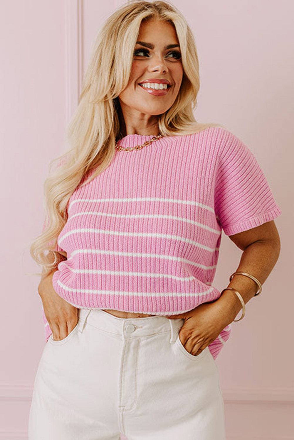 Chic pink striped ribbed plus-size tee for ultimate comfort