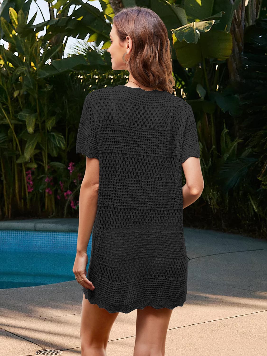 Openwork Round Neck Short Sleeve Cover-UP.