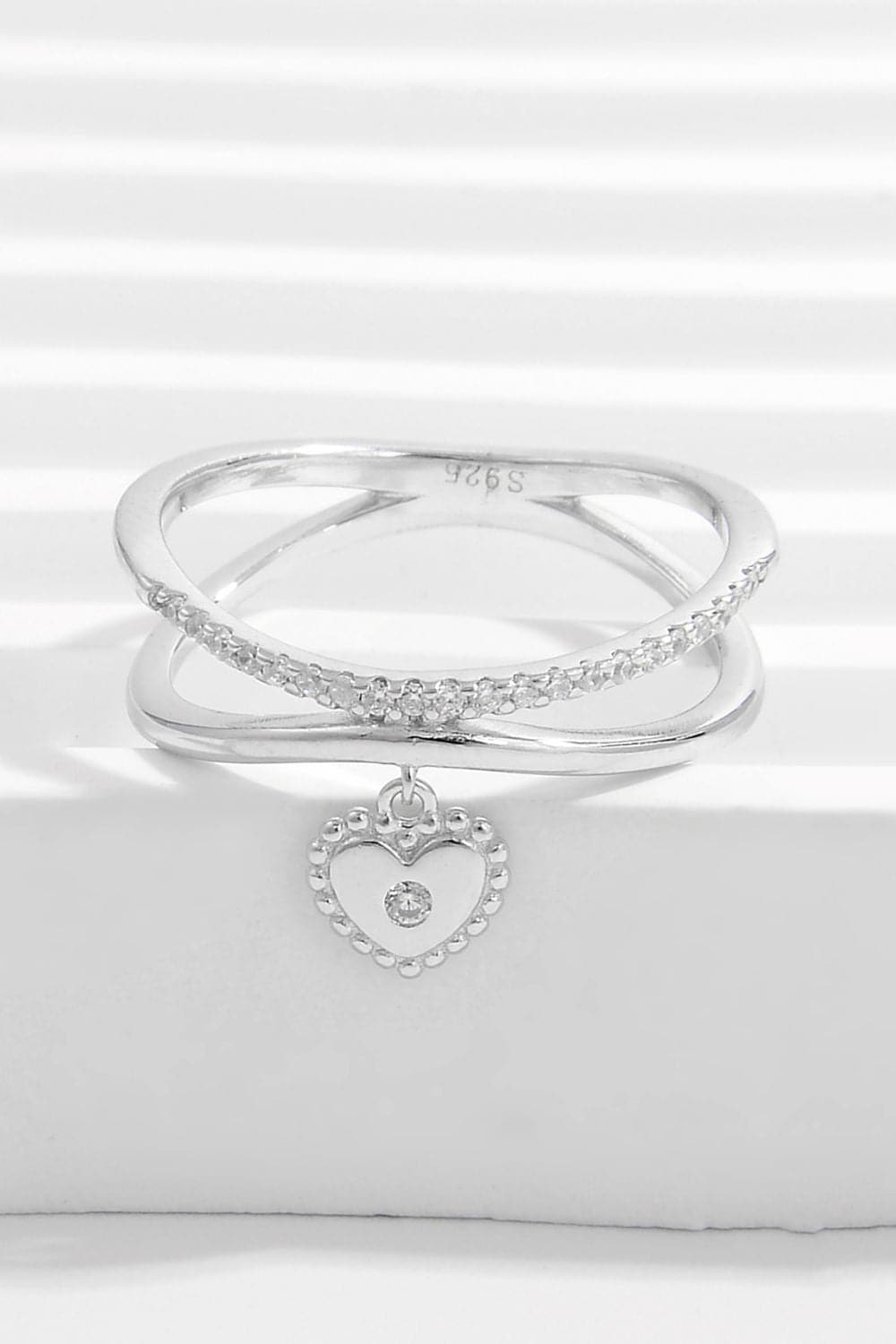 925 Sterling Silver Zircon Heart Charm Ring.