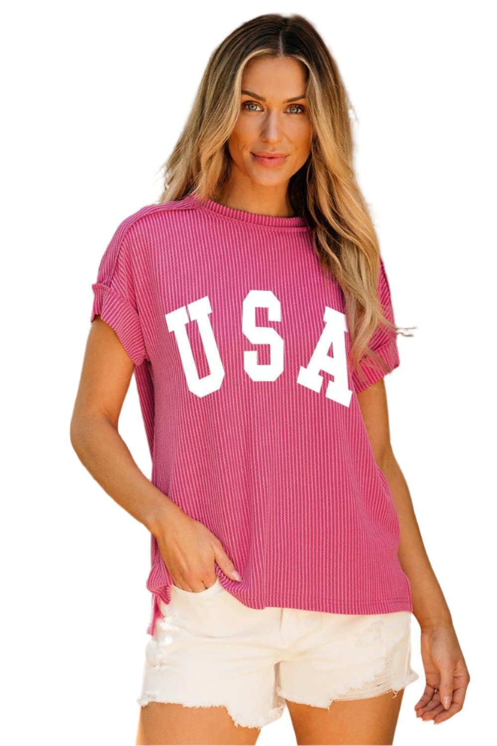 USA round neck short sleeve tee, soft and stretchy fabric, pink color.