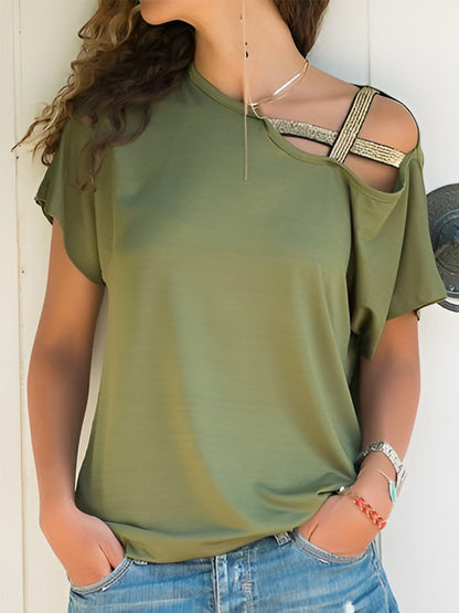 Chic asymmetrical neck tee with short sleeves