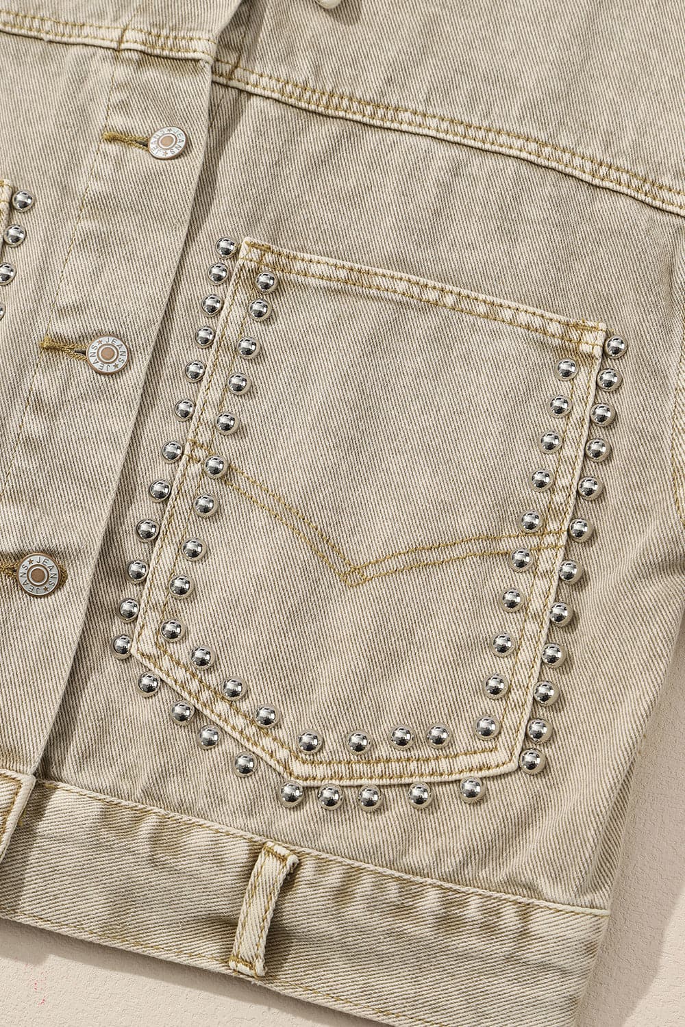 Studded Collared Neck Denim Jacket with Pockets.