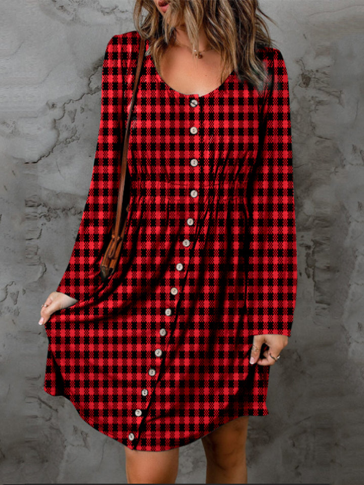 Double Take Full Size Plaid Round Neck Long Sleeve Magic Dress - Love Salve
