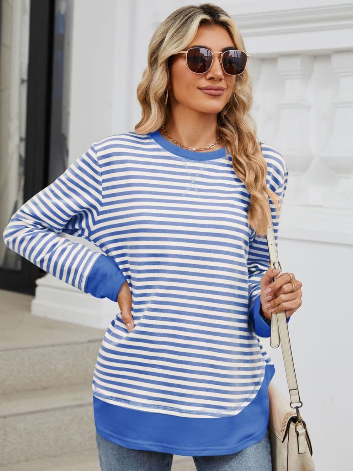 Striped Round Neck Long Sleeve Sweatshirt.