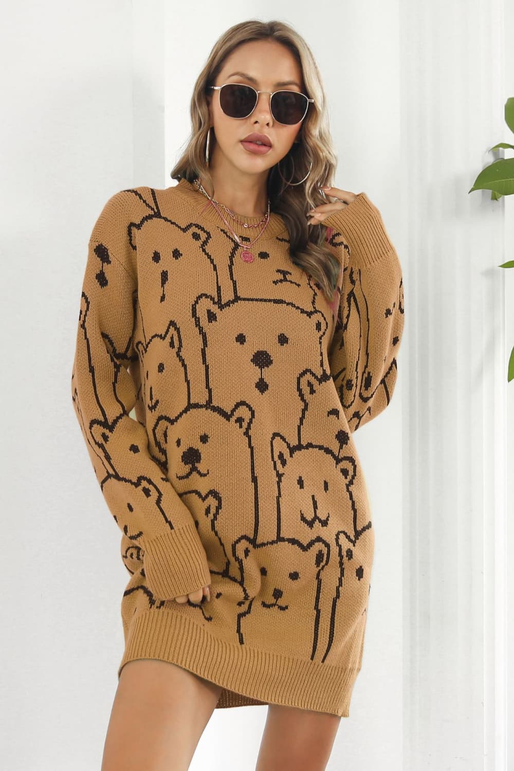 Bear Pattern Round Neck Sweater Dress.