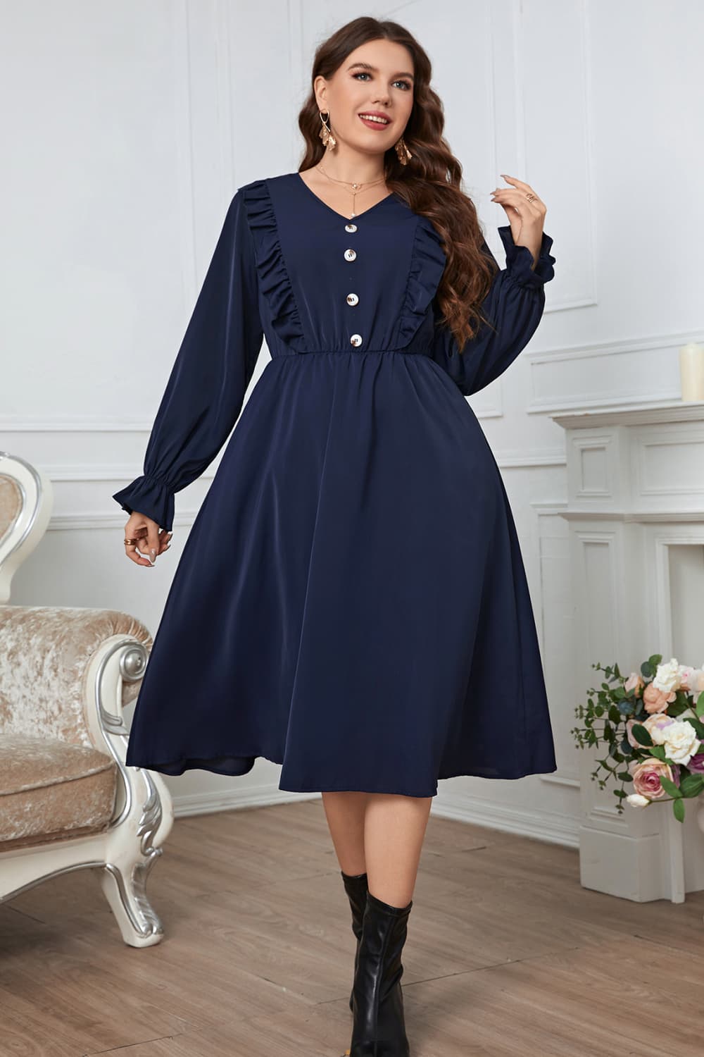 Melo Apparel Plus Size V-Neck Buttoned Flounce Sleeve Dress.