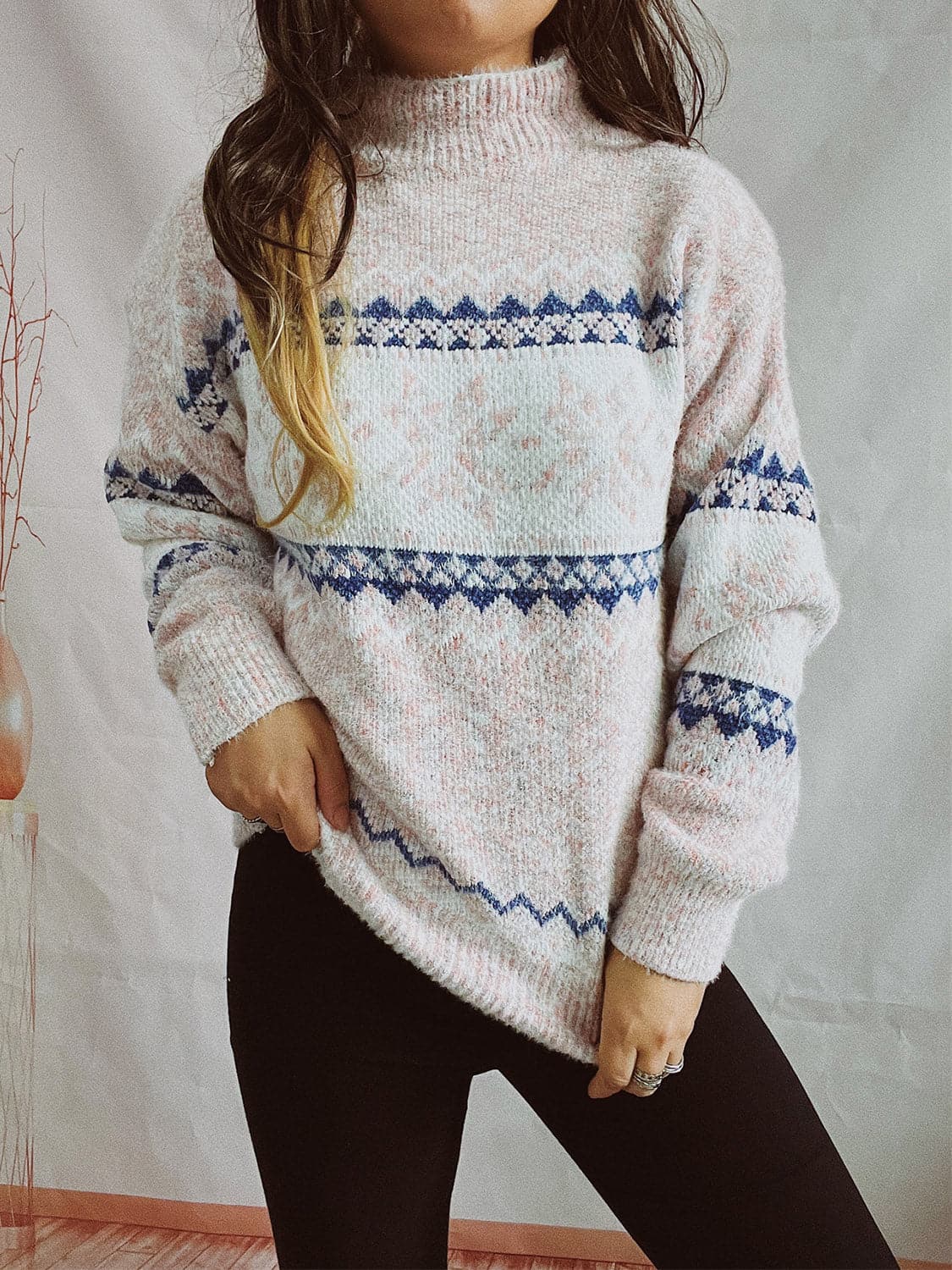 Geometric Mock Neck Dropped Shoulder Sweater.