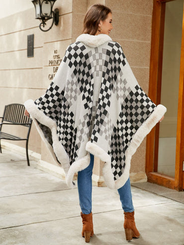 Checkered Faux Fur Trim Poncho.