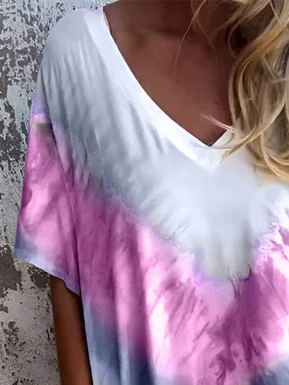 Full Size Pocketed Tie-Dye Short Sleeve Dress.