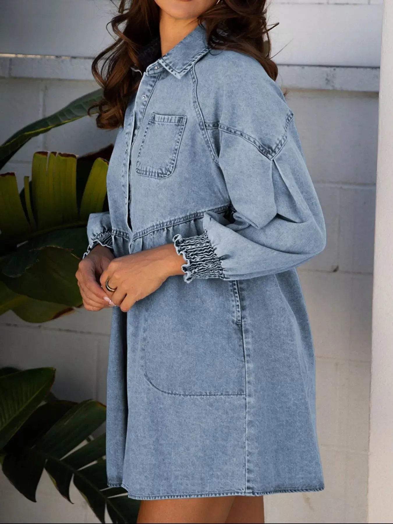 Smocked Cuffs Flared Denim Shirt Mini Dress Simply Love