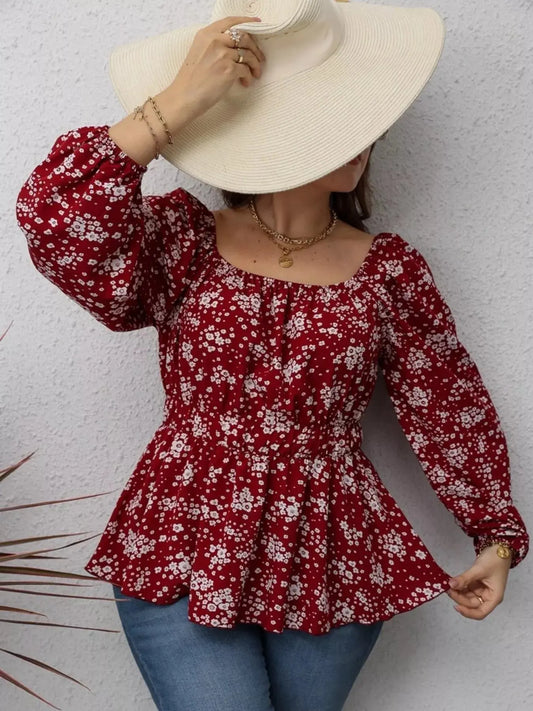 Floral Print Square Neck Long Sleeve Peplum Blouse Simply Love