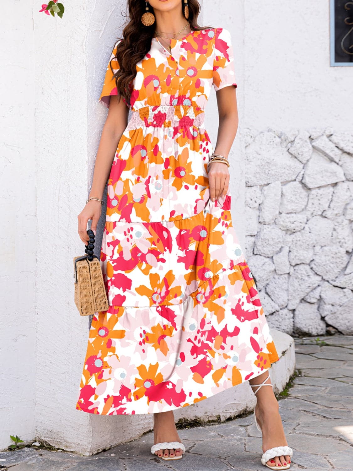 Smocked Printed Short Sleeve Midi Dress.