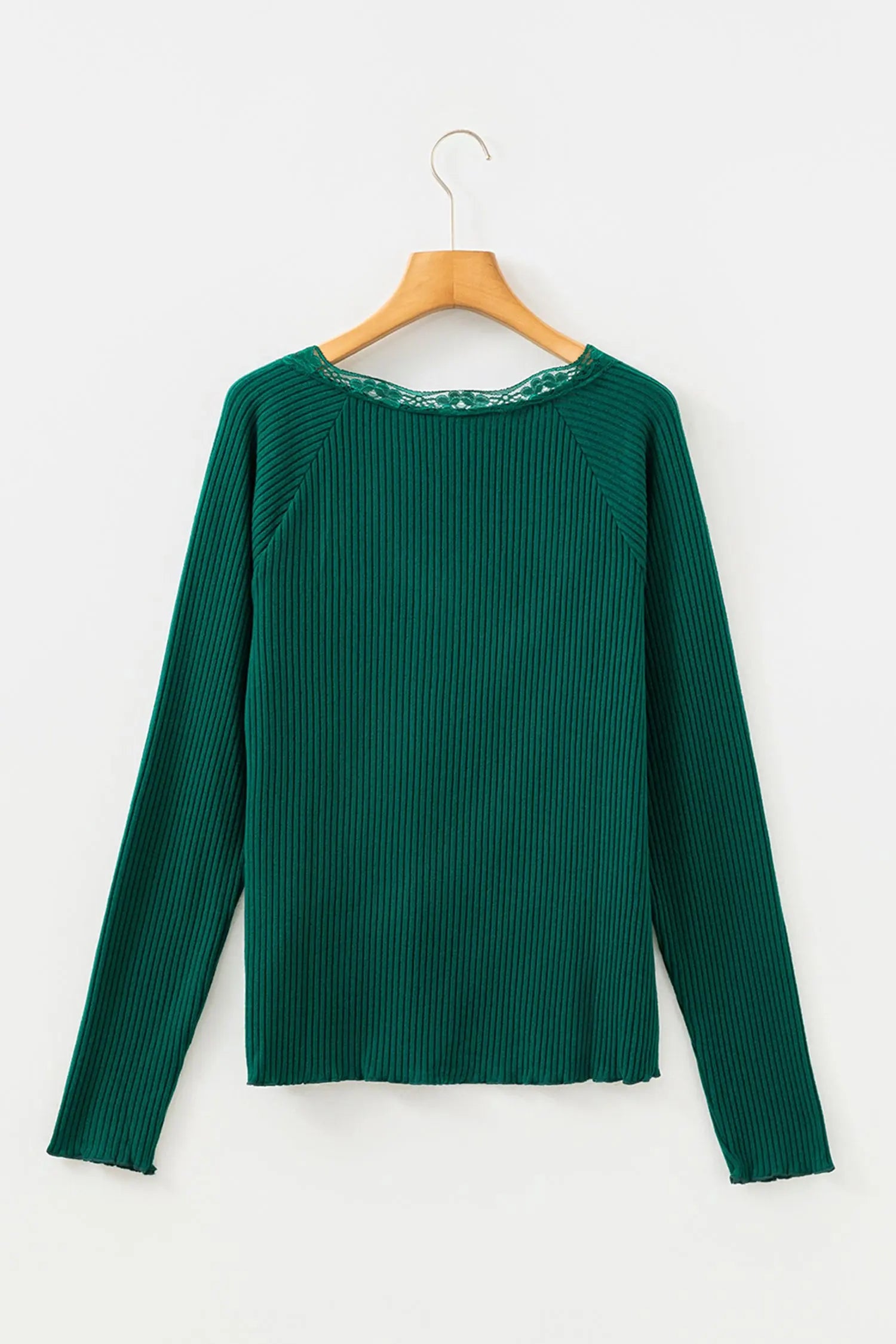 Skobeloff Lace Neckline Button Decor Lettuce Edge Long Sleeve Ribbed Top Dear-Lover Dropshipping