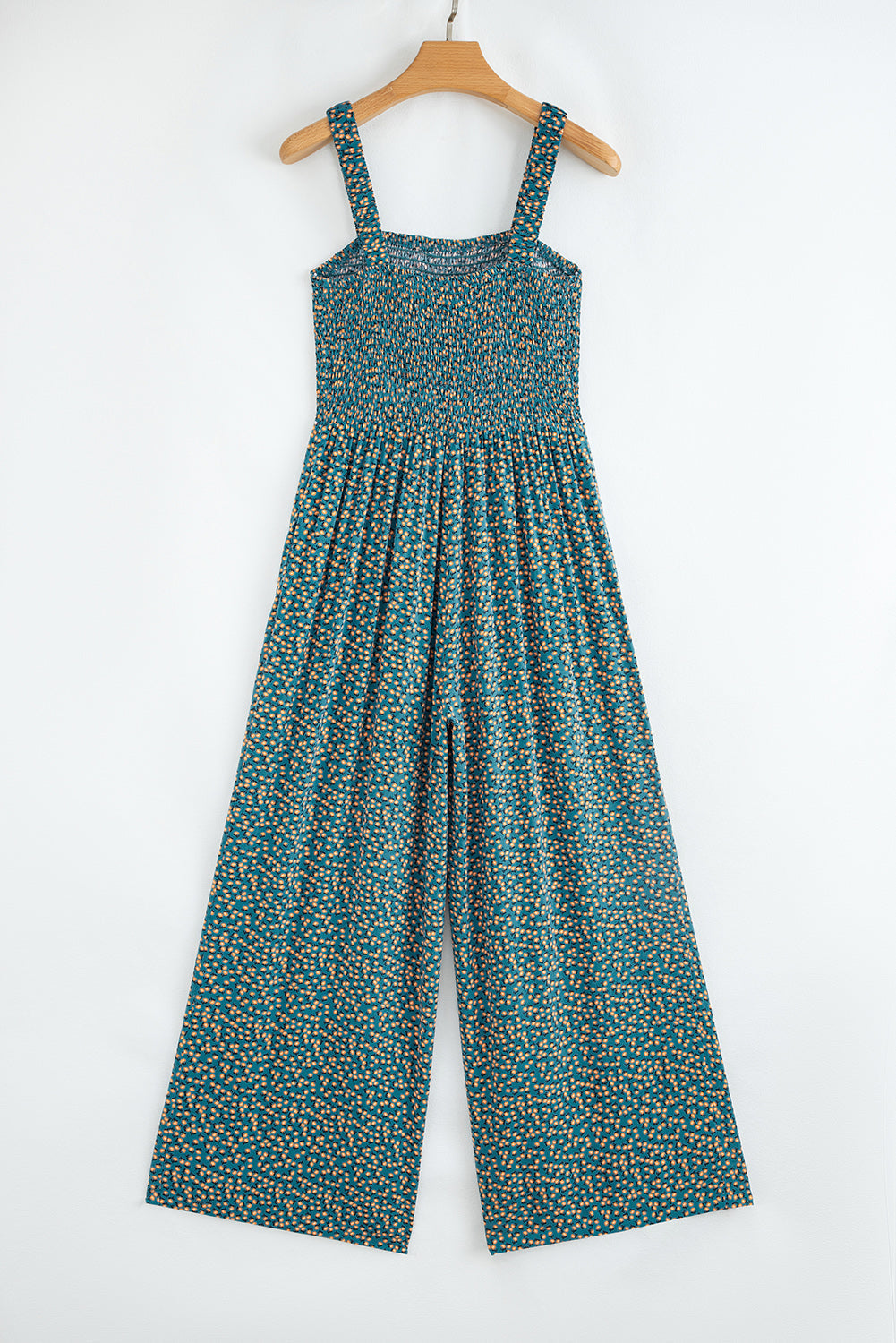Green Floral Print Smocked High Waist Square Neck Jumpsuit Love Salve