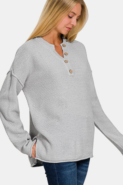 Zenana Button Closure Drop Shoulder Sweater.