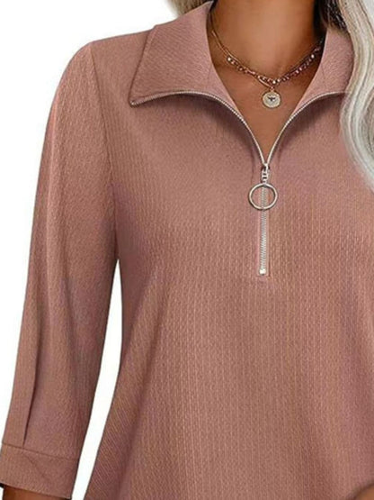 Half Zip Collared Neck Three-Quarter Sleeve T-Shirt.