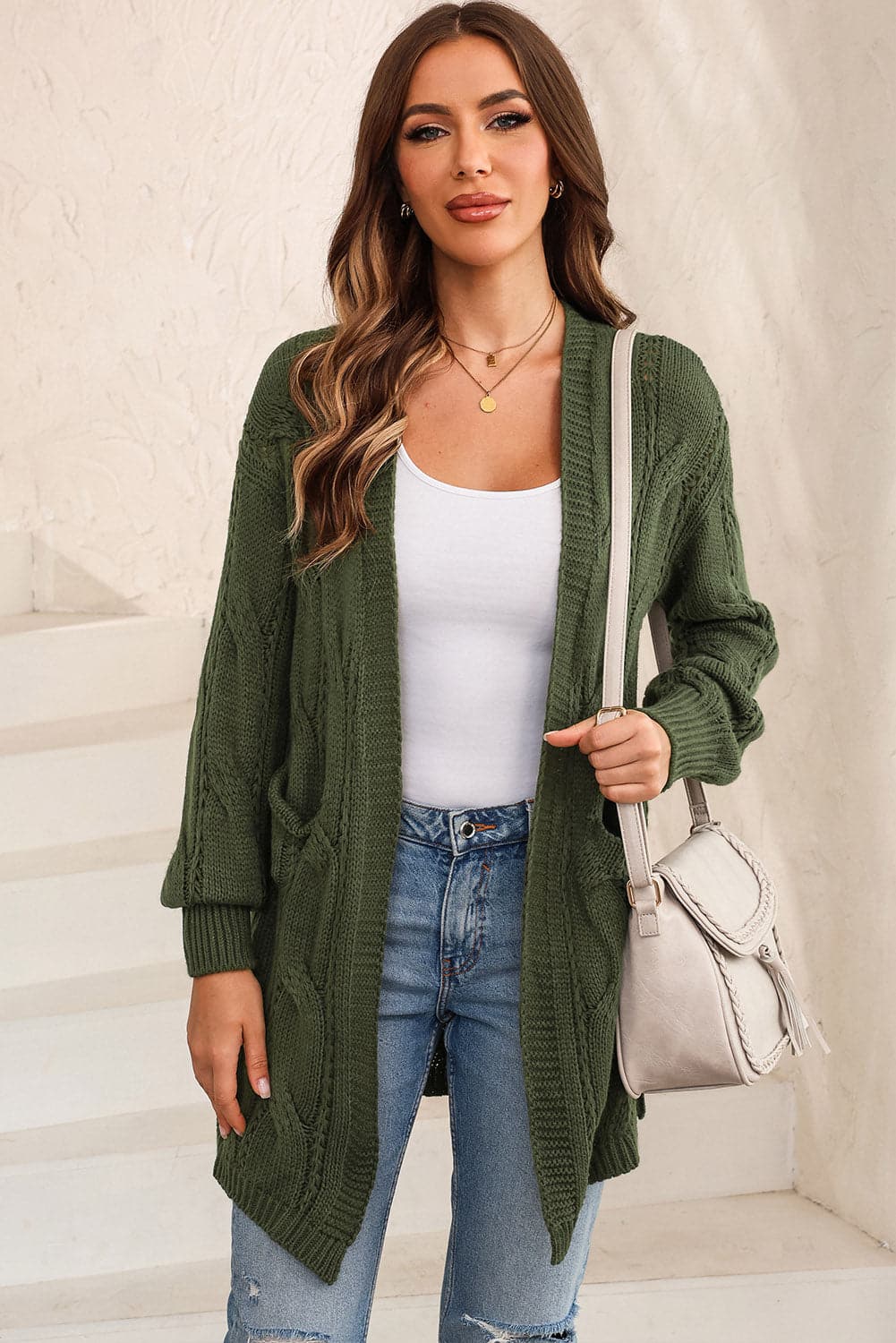 Cable-Knit Dropped Shoulder Slit Cardigan.