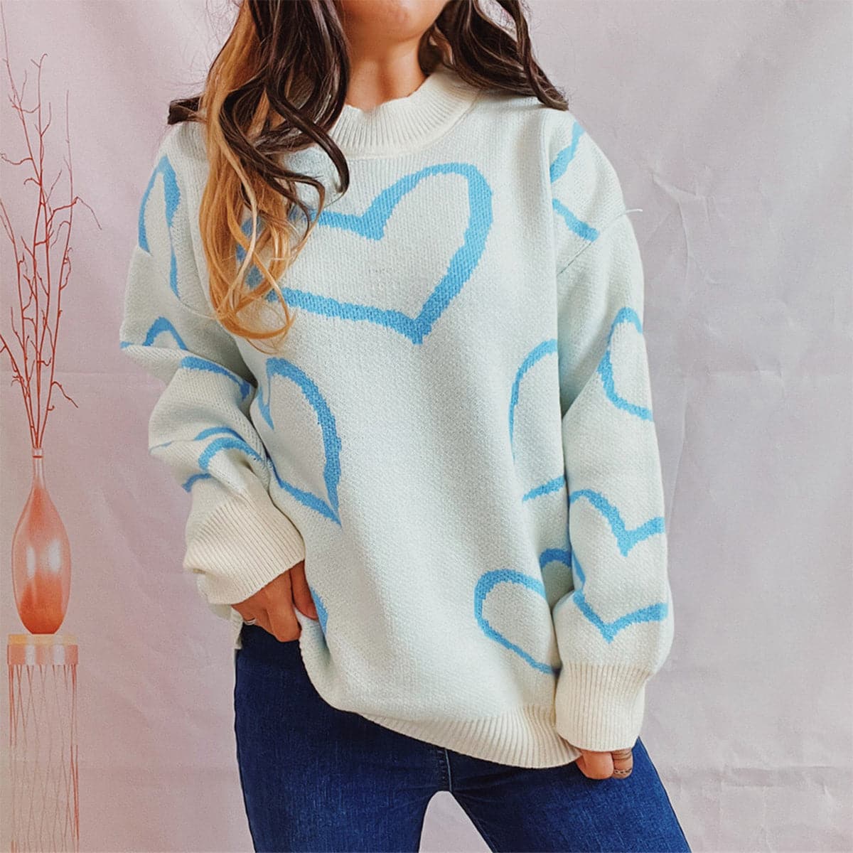 Heart Pattern Long Sleeve Sweater.