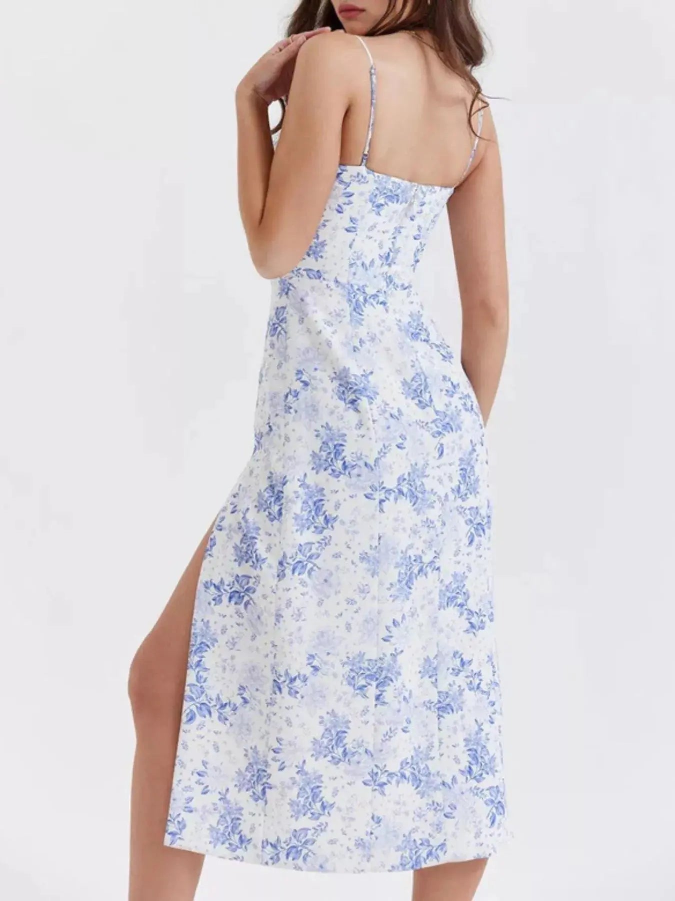 Floral Print Lace Trim Slit Midi Dress Simply Love