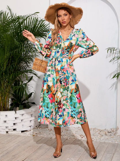 Printed Surplice Long Sleeve Midi Dress.