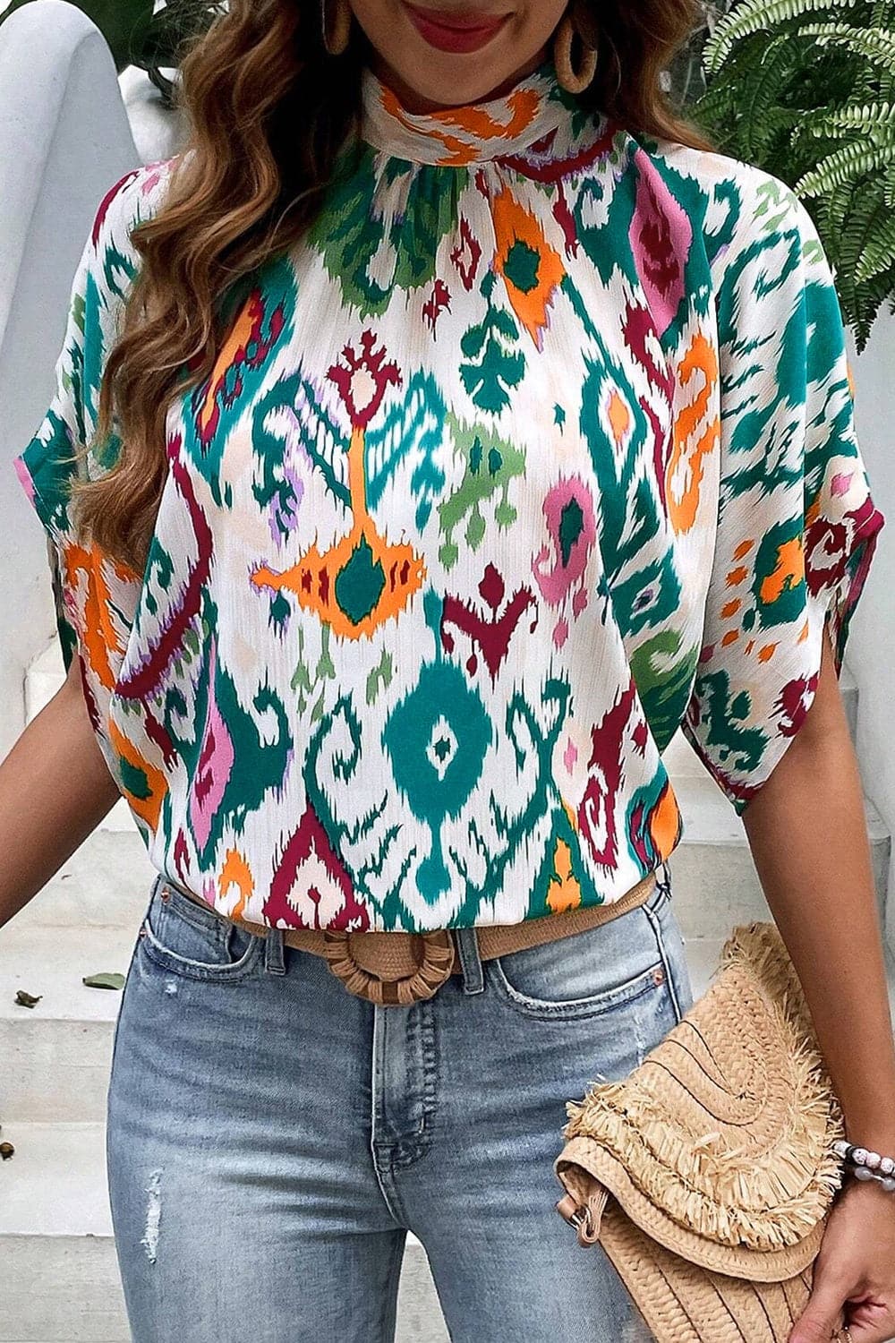 Printed Mock Neck Half Sleeve Blouse.