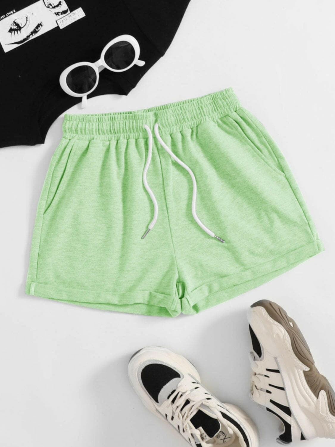 Drawstring Pocketed Elastic Waist Shorts.