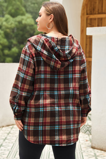 Chic fiery red plaid plus size hoodie with kangaroo pocket