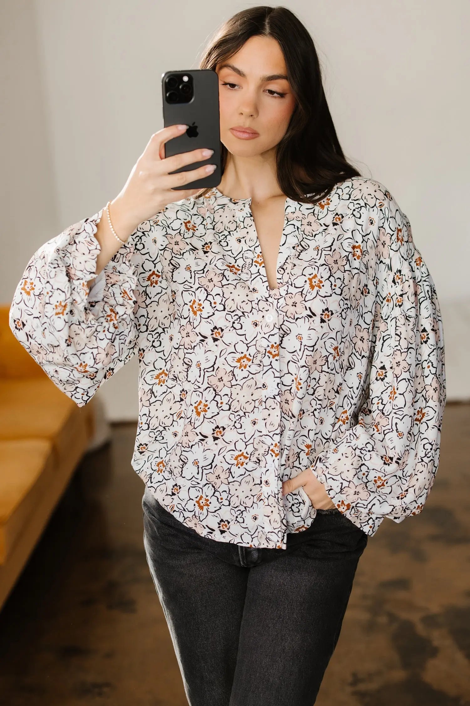 Khaki Floral Print Frilled Puff Sleeve Button Down Shirt For Women Dear-Lover Dropshipping