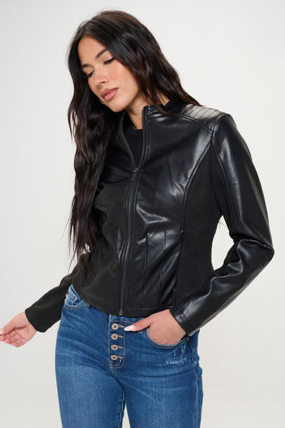 Chic vegan leather zip-up moto jacket