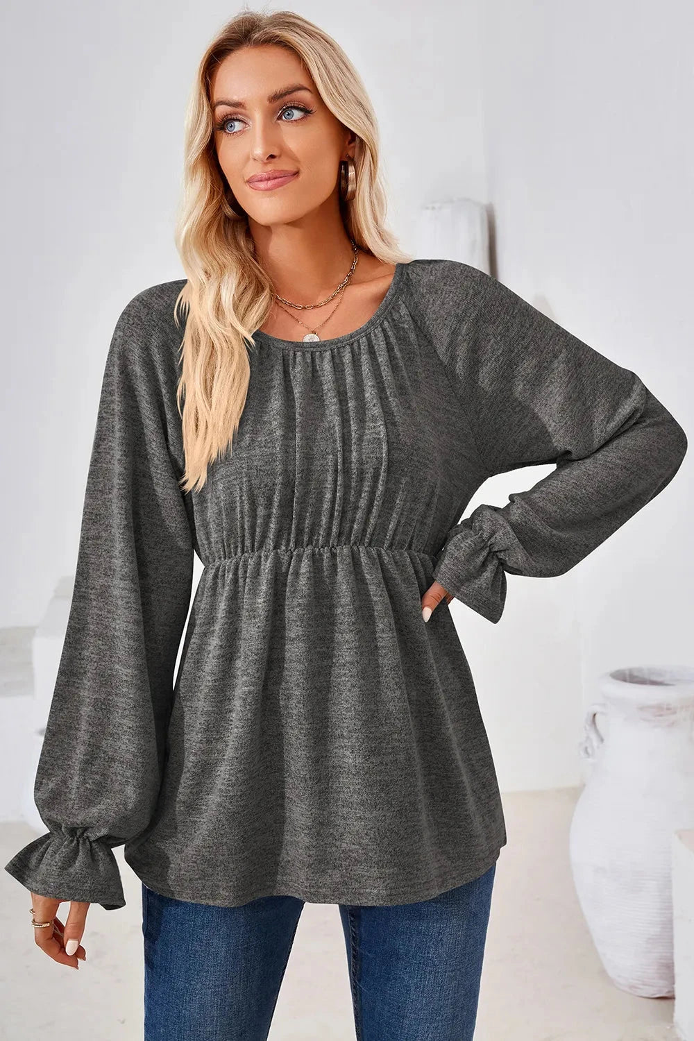 Ruched Round Neck Flounce Sleeve Blouse Coco’s Tee Boutique