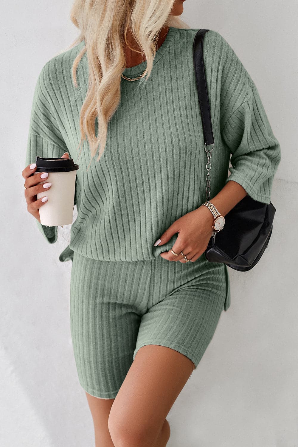 Ribbed Round Neck Top and Shorts Set.